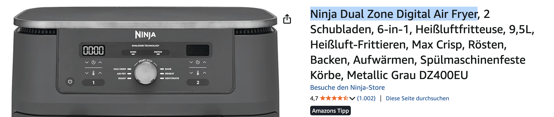 Der Ninja Dual Zone Digital Air Fryer ist die ideale Lösung für alle, die schnell, energieeffizient und vielseitig kochen möchten. Mit ihren zwei unabhängigen Garzonen und einem großzügigen Fassungsvermögen von 9,5 Litern