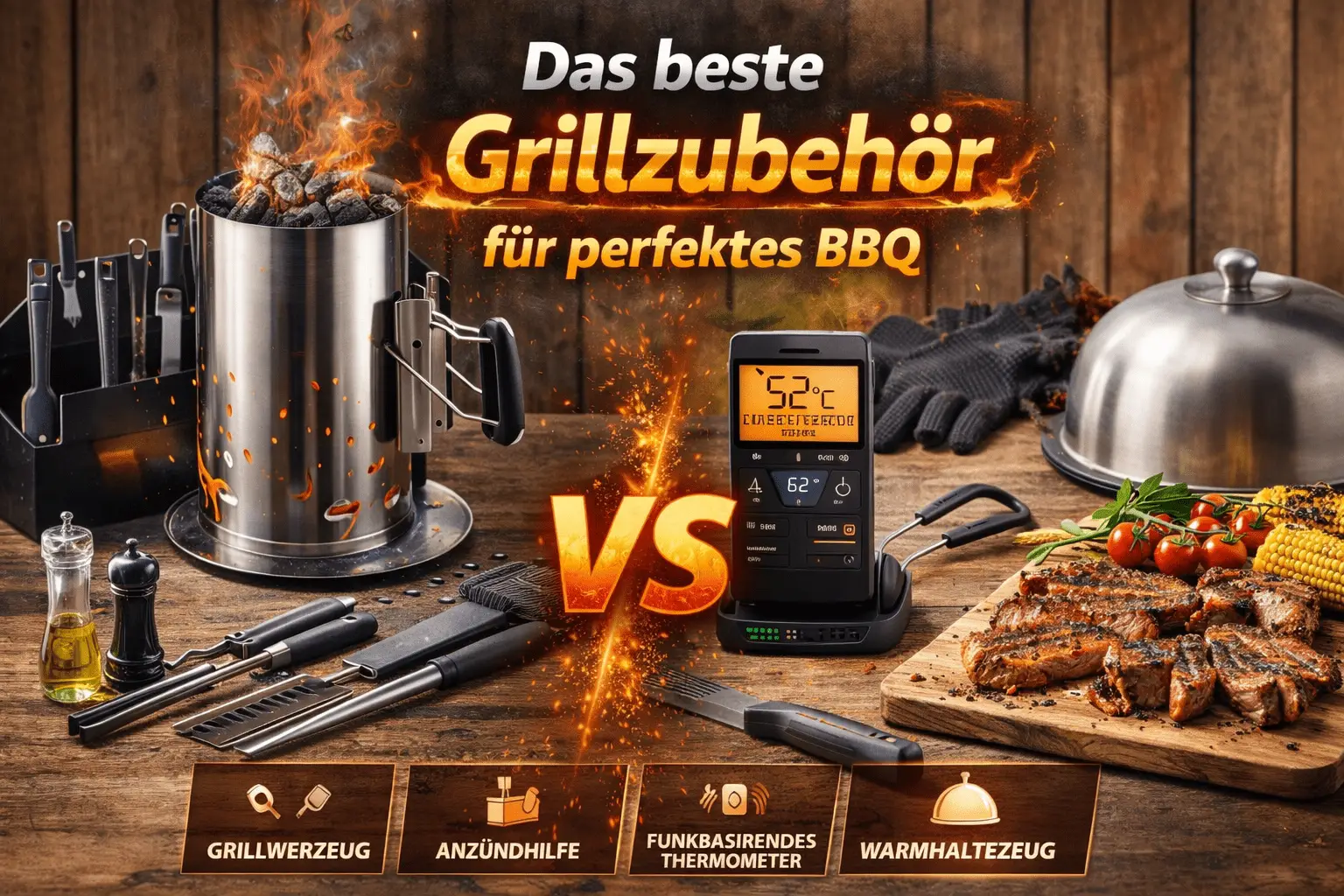 Grillzubehör für perfektes BBQ mit Grillbesteck, Anzündkamin und Thermometer