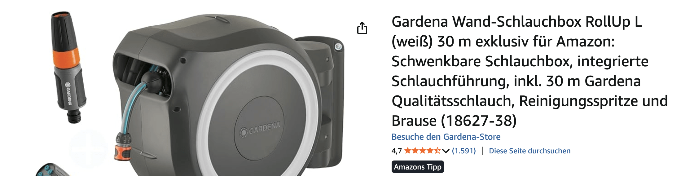 Gardena Wand-Schlauchbox RollUp L (weiß) 30 m exklusiv für Amazon: Schwenkbare Schlauchbox, integrierte Schlauchführung, inkl. 30 m Gardena Qualitätsschlauch, Reinigungsspritze und Brause (18627-38)