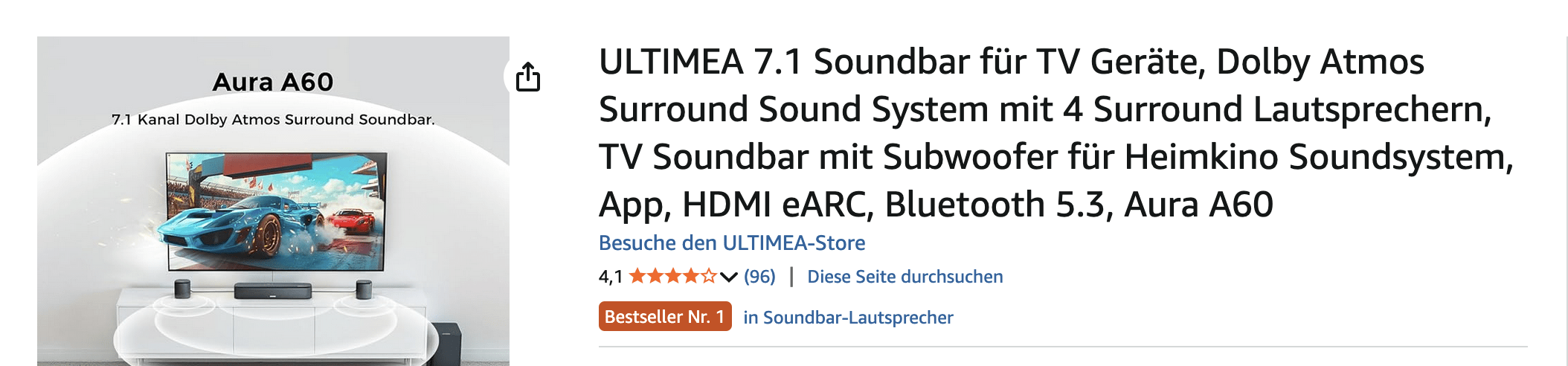 Heimkino Anlage mit realistischem Surround-Erlebnis. Die ULTIMEA Aura A60 bietet ein echtes 7.1-Kanal-System mit: 3 Hauptkanälen für klare Stimmen 4 Surround-Lautsprechern 1 kraftvollen Subwoofer