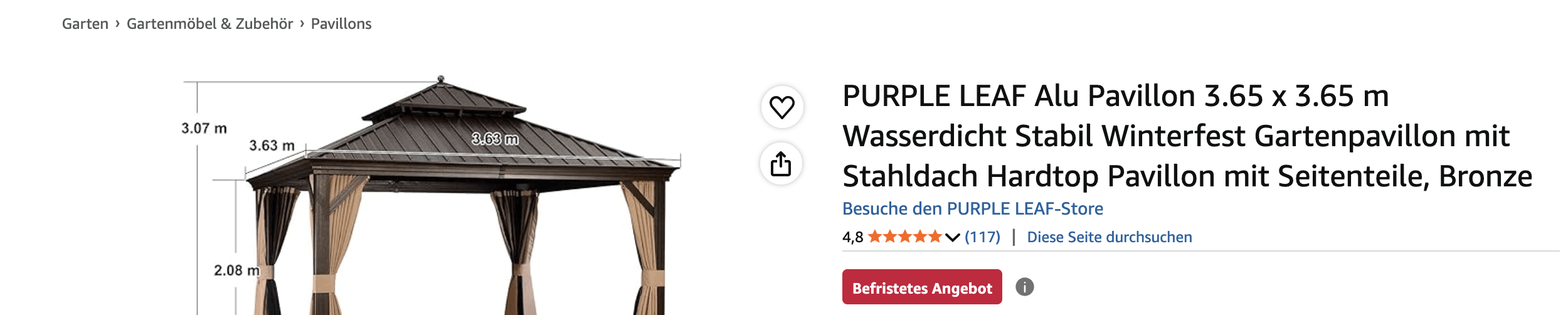 PURPLE LEAF Alu Pavillon 3,65 x 3,65 m – Der hochwertige Alu Pavillon für Garten, Terrasse und Outdoor-Lounge