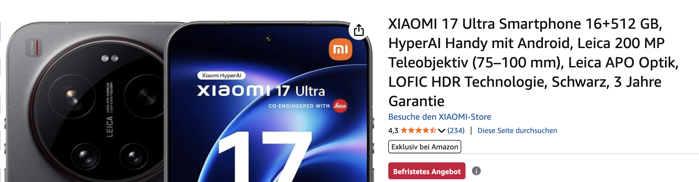 XIAOMI 17 Ultra Smartphone 16+512 GB, HyperAI Handy mit Android, Leica 200 MP Teleobjektiv (75–100 mm)